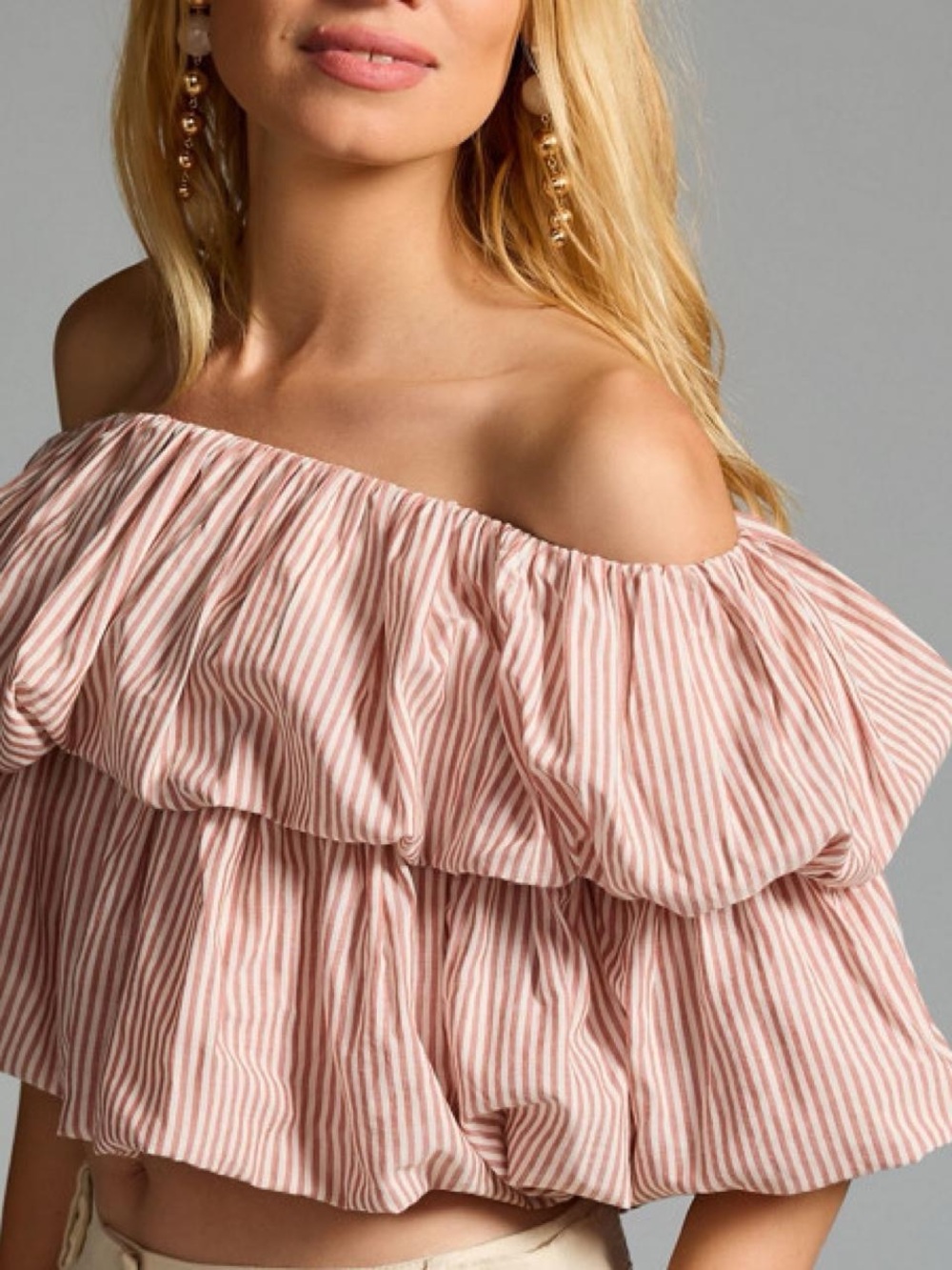 Anthropologie Pink Striped Off-Shoulder Ruffle Crop Top